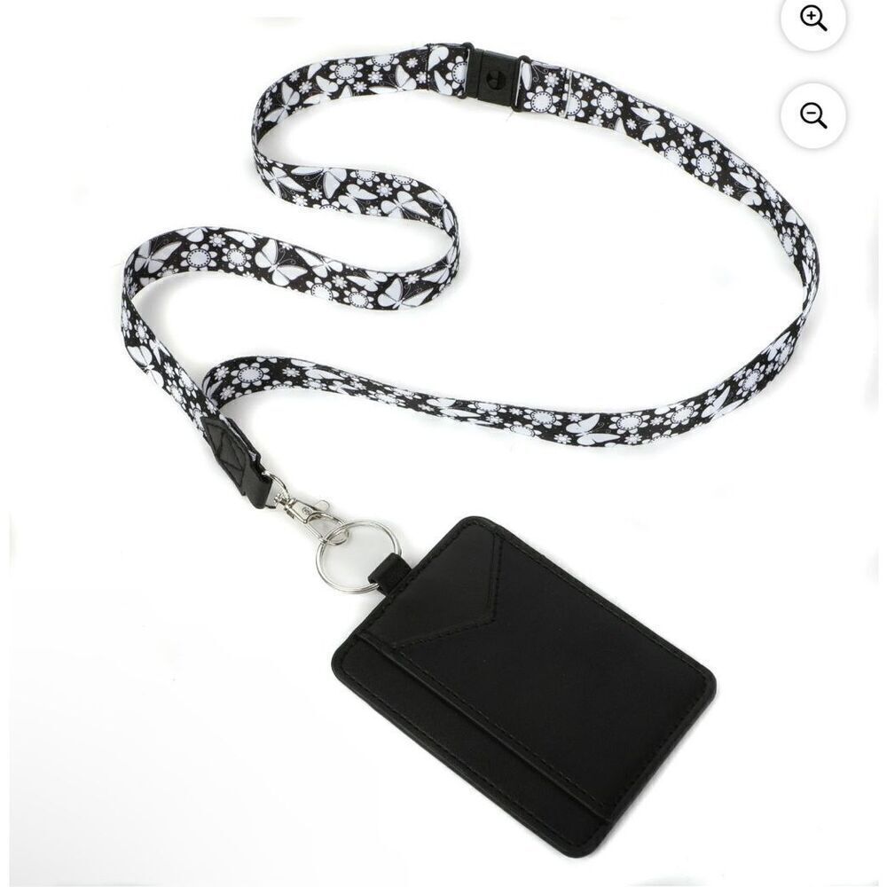 Essentials Black And White Butterfly Flutter Lanyard With Pocket, 19” Length